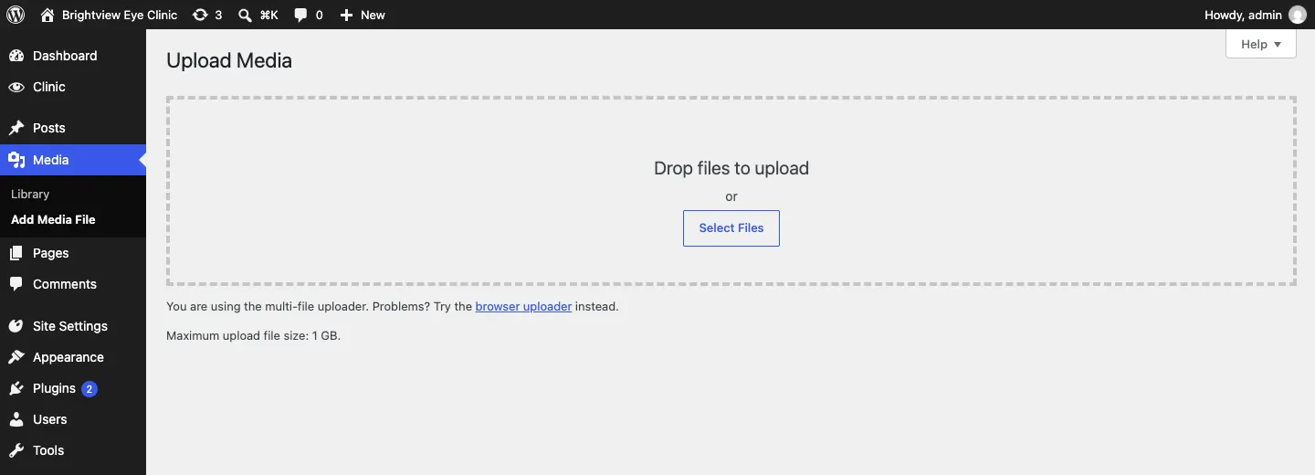 The Upload Media screen with the box "Drop files to upload or Select Files" and the maximum upload file size