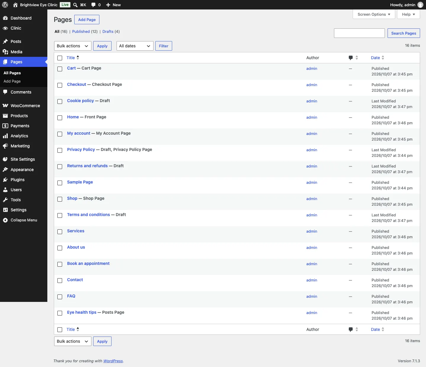 The Pages list after the setup wizard, with Home marked Front Page, the published starter pages, and the legal pages Cookie policy, Privacy Policy and Terms and conditions marked Draft