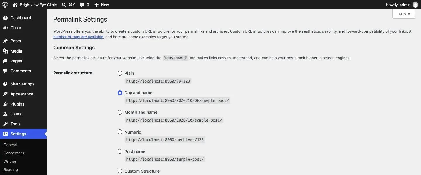 The Permalink Settings screen with the Permalink structure choices Plain, Day and name, Month and name, Numeric, Post name and Custom Structure
