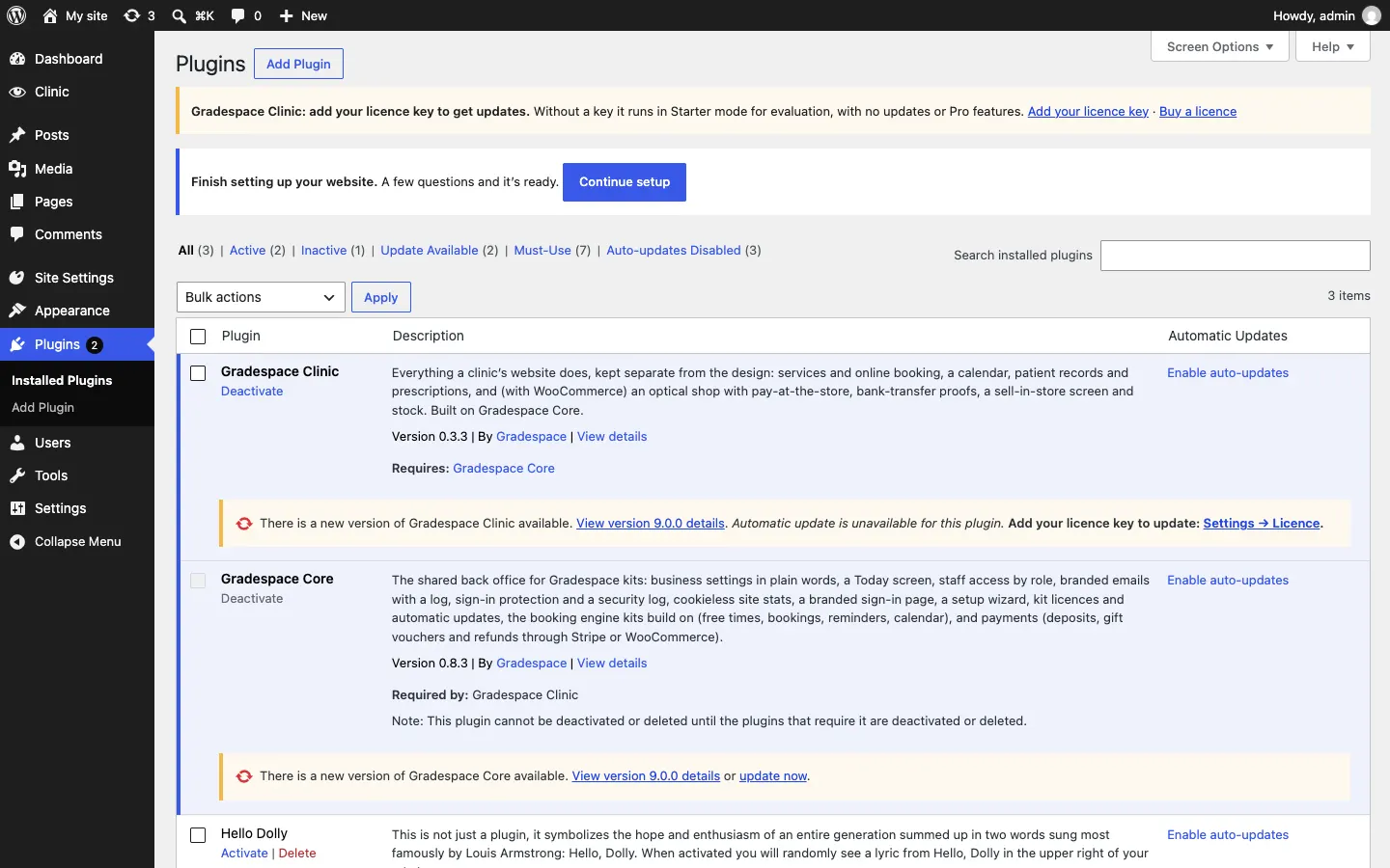 The Plugins screen without a licence key: under Gradespace your kit, "There is a new version of Gradespace your kit available. View version details. Automatic update is unavailable for this plugin. Add your licence key to update: Settings → Licence.", while Gradespace Core offers "update now"