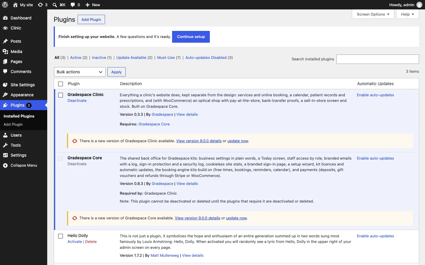 The Plugins screen with yellow lines under Gradespace Events and Gradespace Core: "There is a new version of Gradespace Events available. View version details or update now."