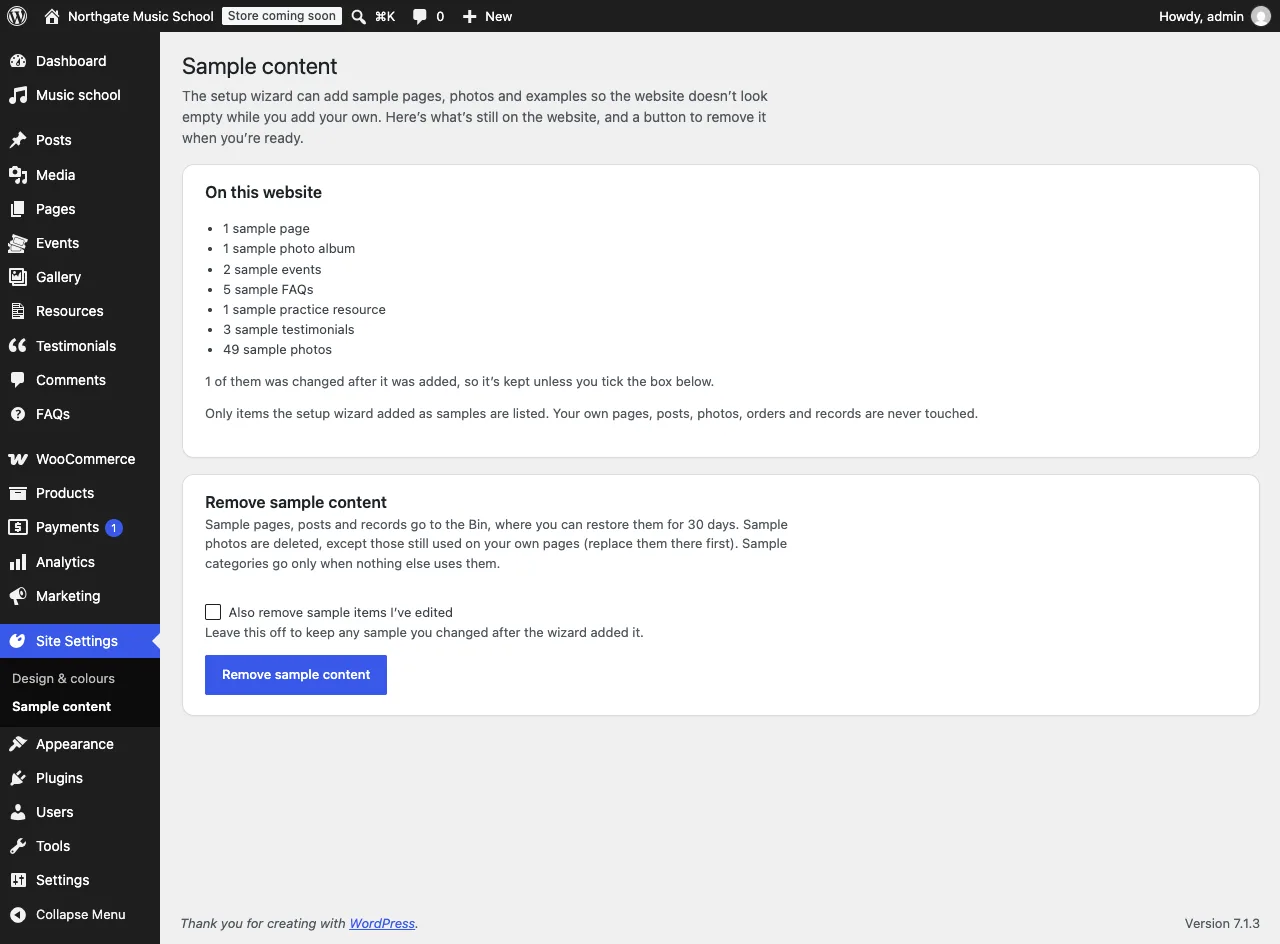 Site Settings → Sample content: the list of what's on this website (1 sample page, 1 sample photo album, 2 sample events, 5 sample FAQs, 49 sample photos and so on), the note that 1 of them was changed after it was added, and the Remove sample content card with the Also remove sample items I've edited tick box and the Remove sample content button