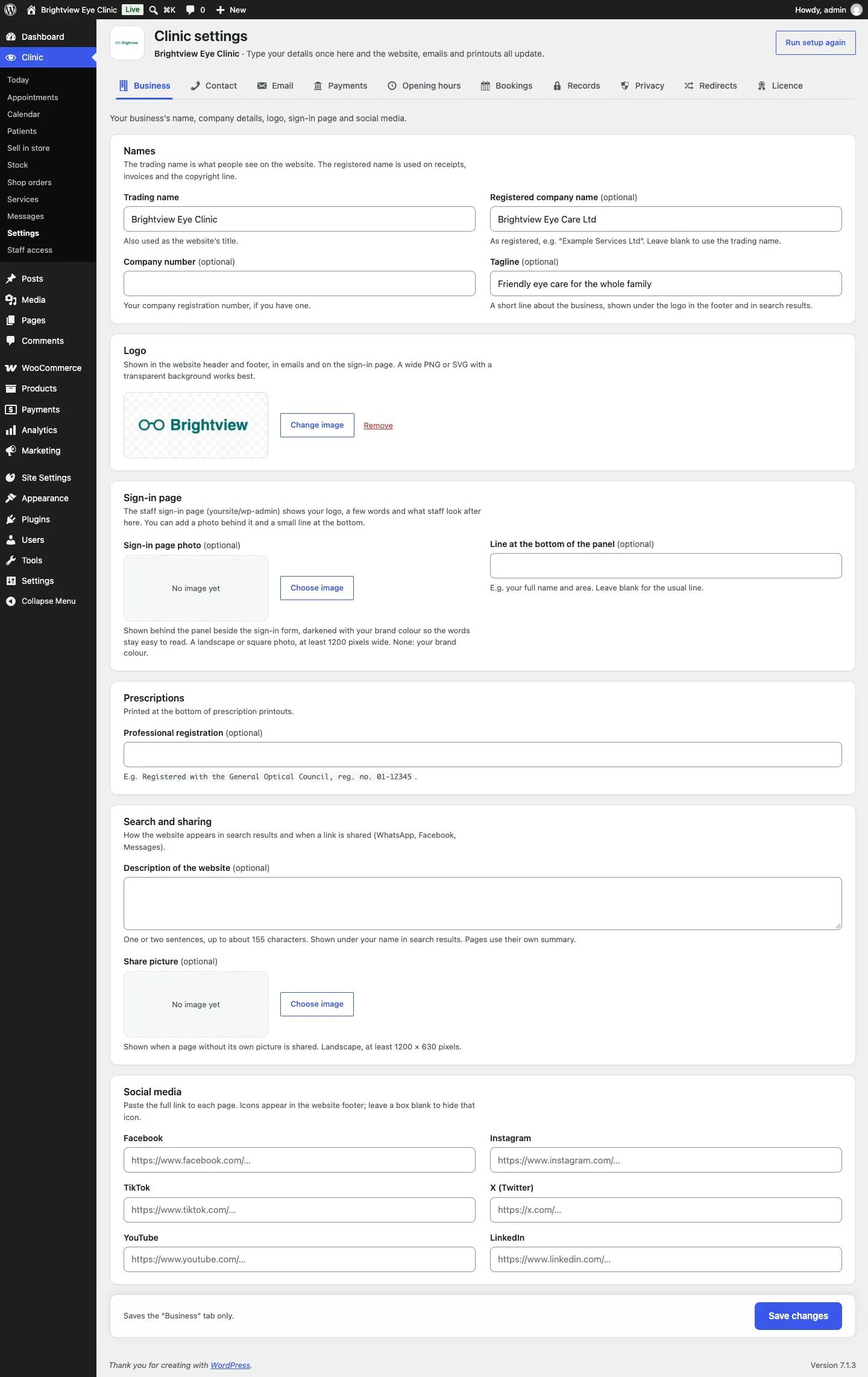 The whole Business tab: the Names card, the Logo card with the logo chosen, then the Sign-in page, Search and sharing and Social media cards, with Save changes at the bottom