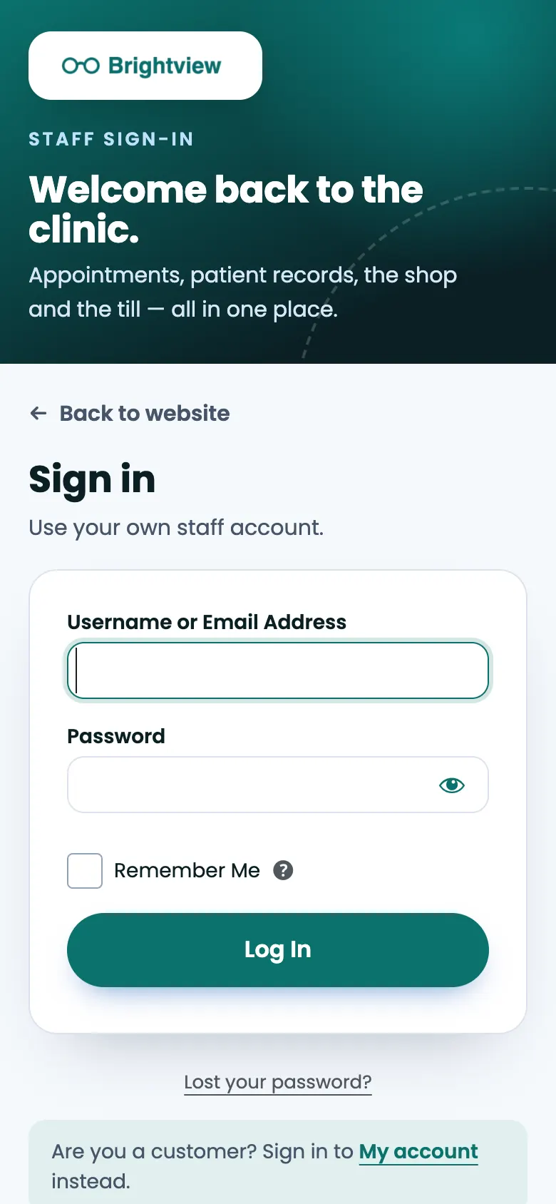 The staff sign-in page on a phone, with the logo and a short banner at the top and the sign-in form below
