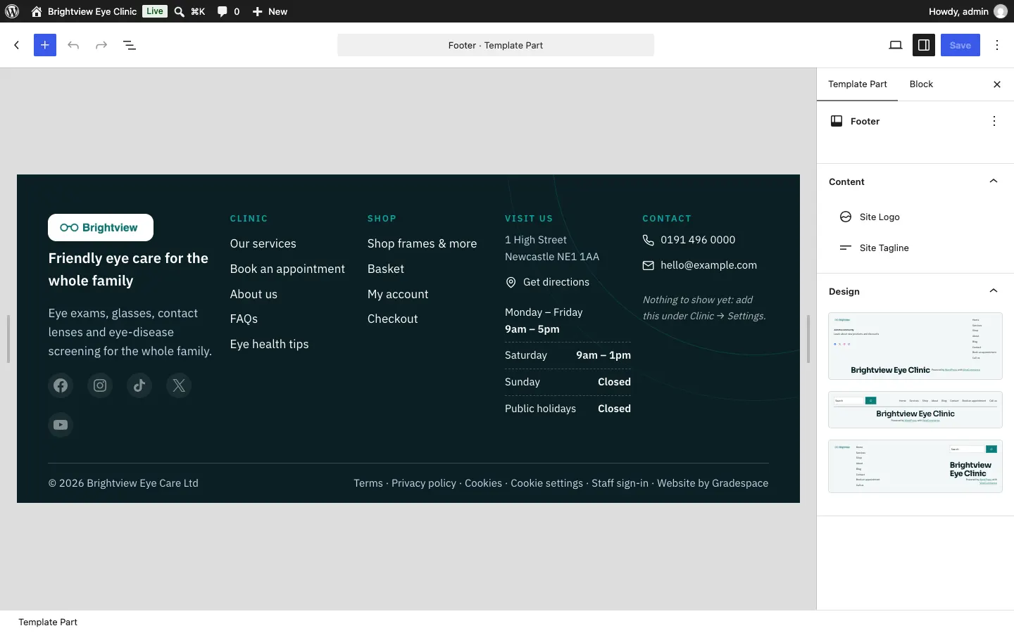 The Footer template part open in the editor, showing the logo, tagline, columns of links, the Visit us and Contact columns and the bottom line, with a Save button at the top right