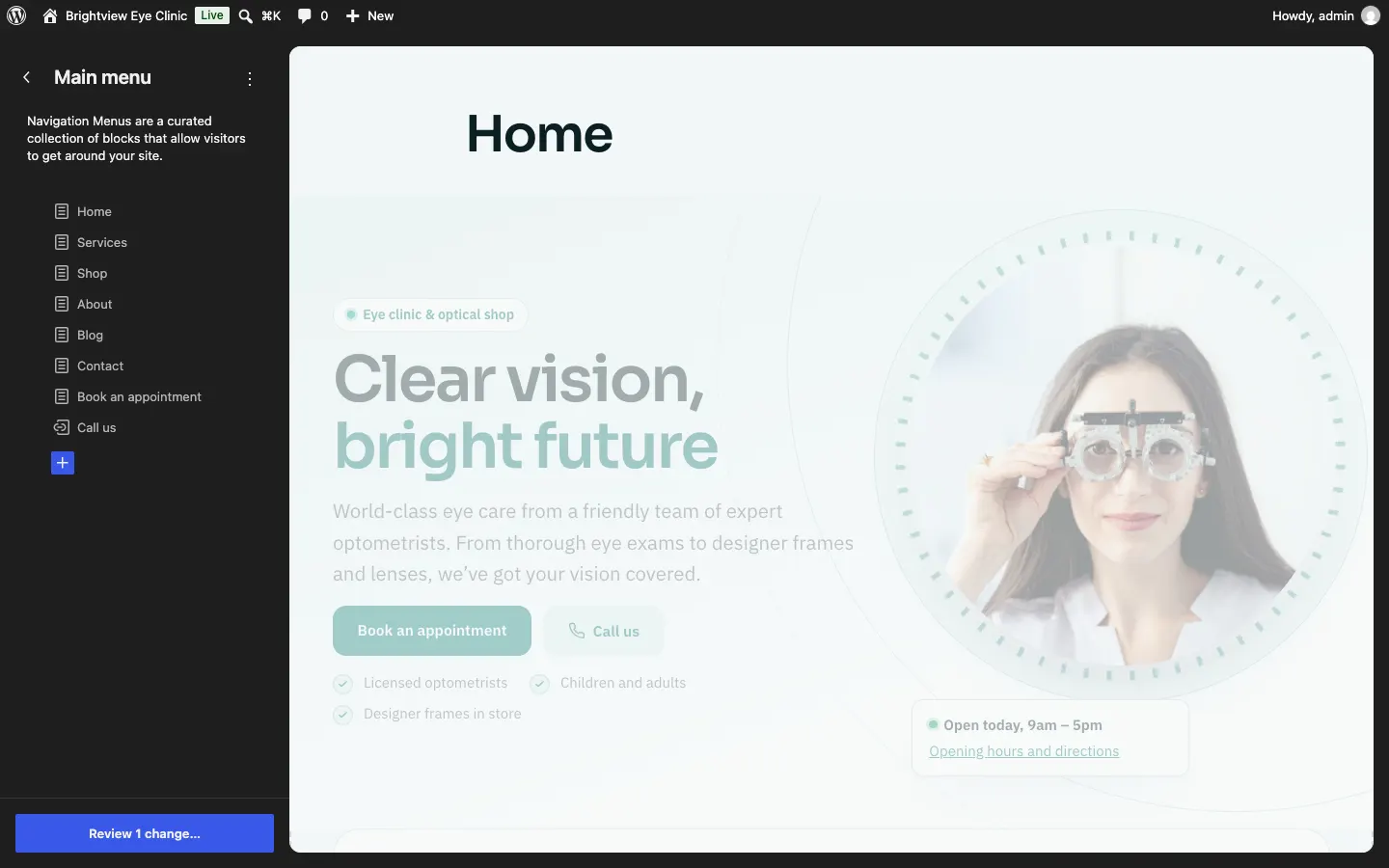 The Site Editor's Navigation panel with the home page shown on the right