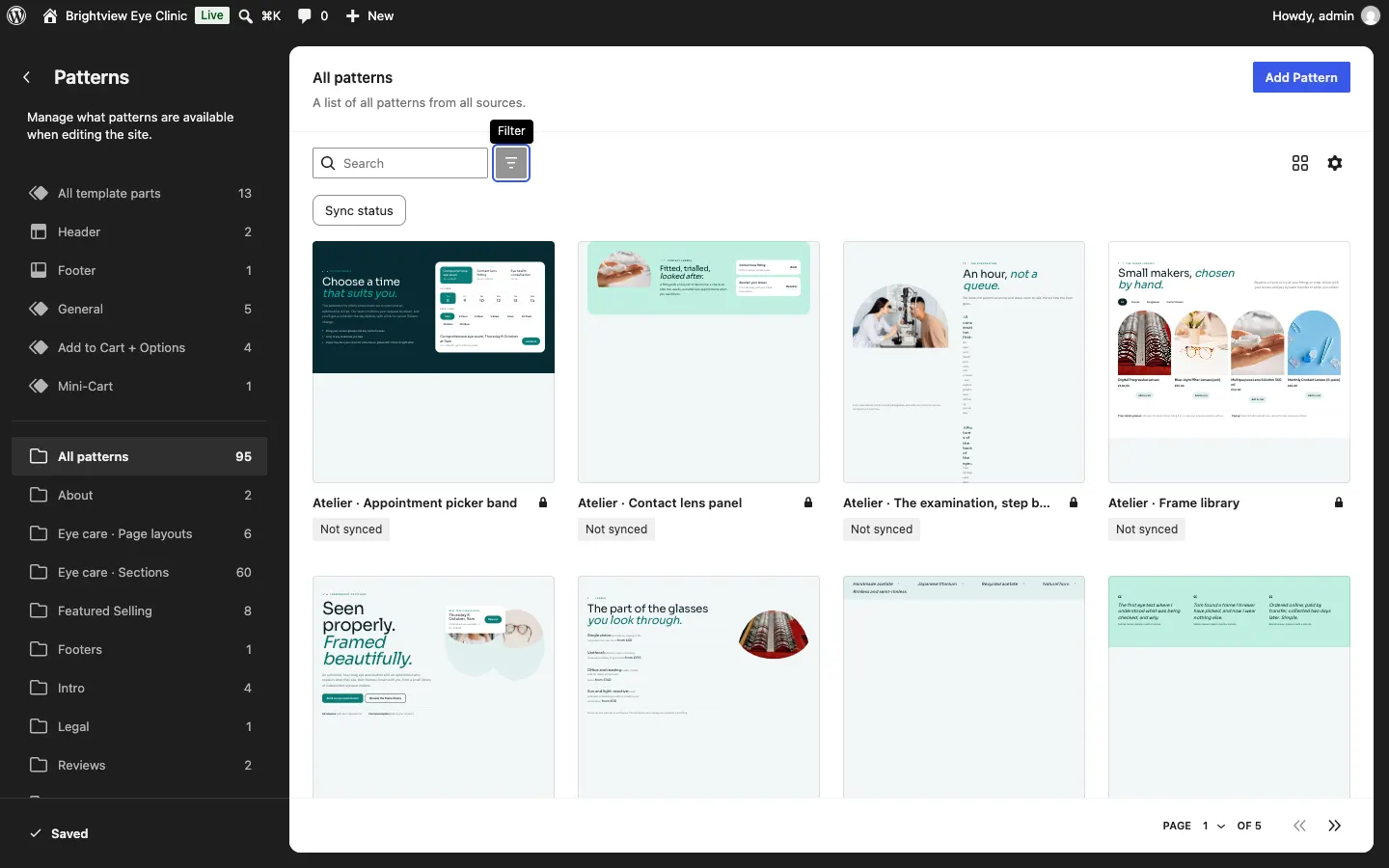 The Site Editor Patterns panel, with All template parts, Header and Footer at the top, then your kit's pattern categories