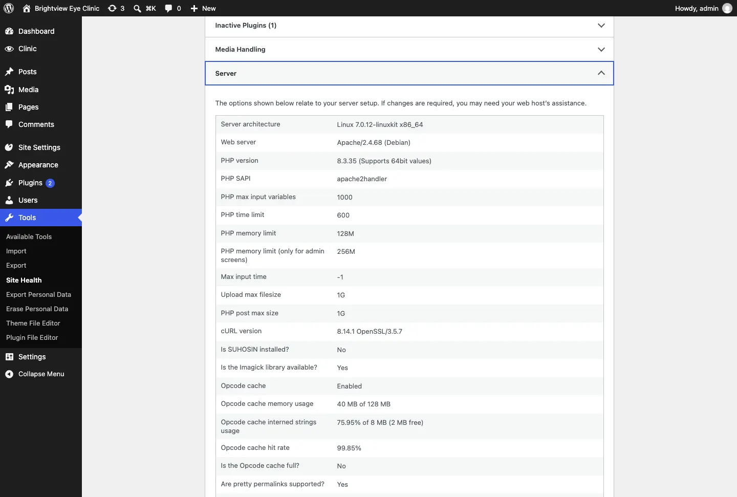 The Site Health Info tab with the Server section open, showing PHP version 8.3.35, PHP memory limit 128M, Upload max filesize 1G and other server details
