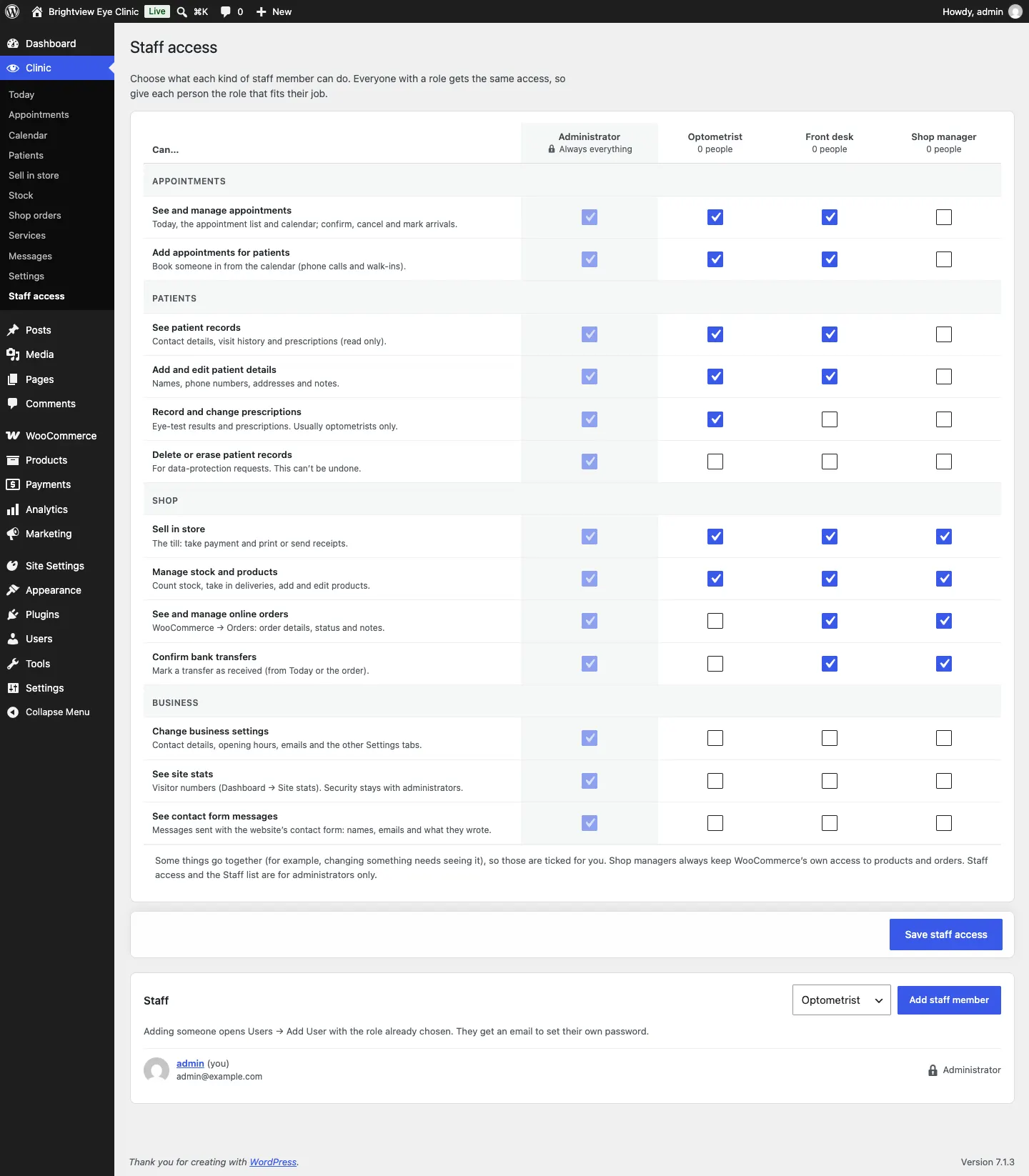 The Staff access grid for your kit, with a column for Administrator (Always everything) and one for each staff role, and rows of things staff can do grouped by area, ending with Business, then Save staff access and the Staff card at the bottom