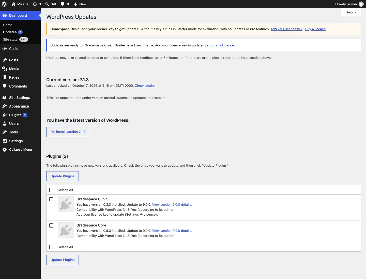 The Updates screen without a licence key, with the yellow notice "Gradespace your kit: add your licence key to get updates.", the notice "Updates are ready for Gradespace your kit, Gradespace your kit theme. Add your licence key to update: Settings → Licence." and "Add your licence key to update (Settings → Licence)." under Gradespace your kit
