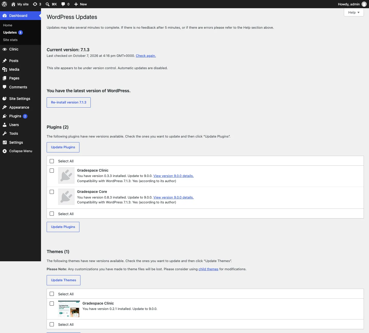 The WordPress Updates screen listing Gradespace your kit and Gradespace Core under Plugins (2), each with "You have version … installed. Update to …" and a View details link, and the Gradespace your kit theme under Themes (1), with Update Plugins and Update Themes buttons