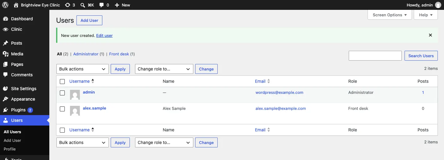 The Users list after adding a staff member, with the message "New user created", the admin as Administrator and alex.sample, Alex Sample, with the chosen role (here Front desk)