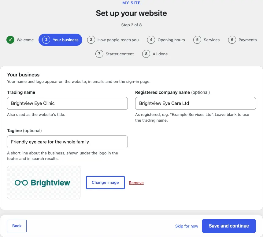 Step 2, Your business, filled in with the sample business name and tagline, and the chosen logo in the box with Change image and Remove next to it