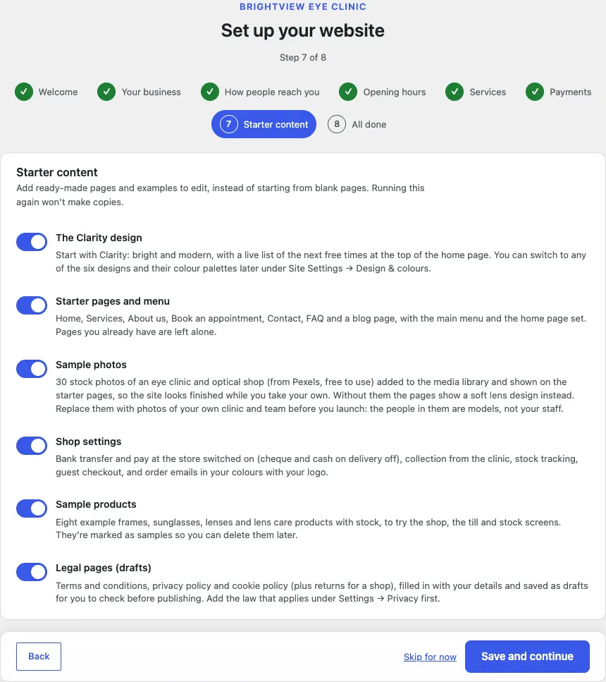 The Starter content step with a switch and a short explanation for each item, such as Sample photos, Starter pages and menu and Legal pages (drafts)