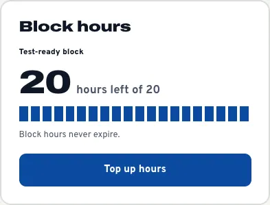 The Block hours card in the learner account, showing Test-ready block, 20 hours left of 20, "Block hours never expire" and a Top up hours link