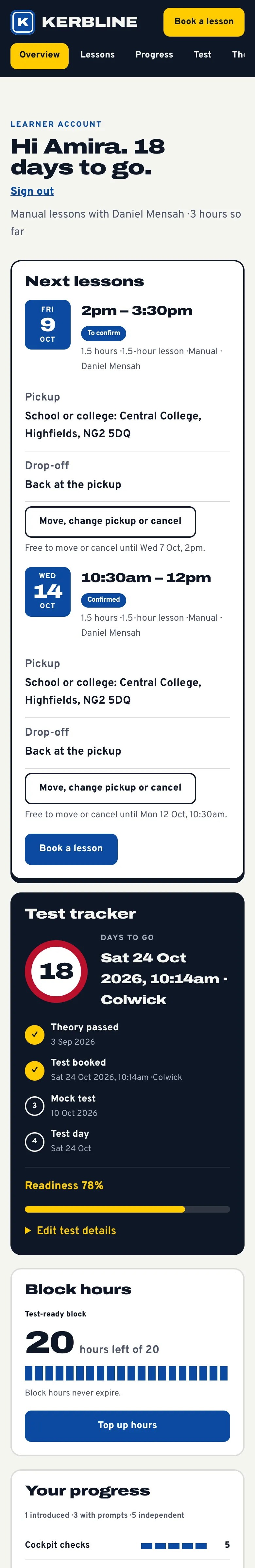 Amira's learner account on a phone, with the greeting and the next lessons at the top
