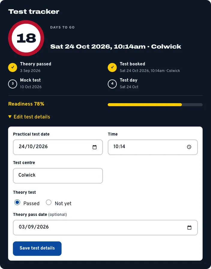 Edit test details opened in the test tracker, with the practical test date, time, test centre, theory test choice, theory pass date and a Save test details button