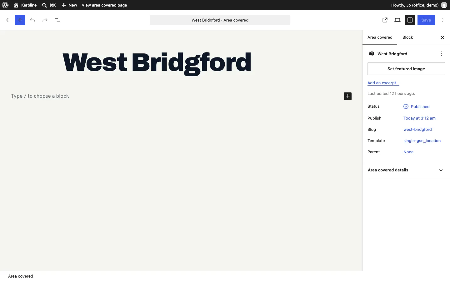 The West Bridgford area in the editor, with the area name as the title and the settings panel on the right
