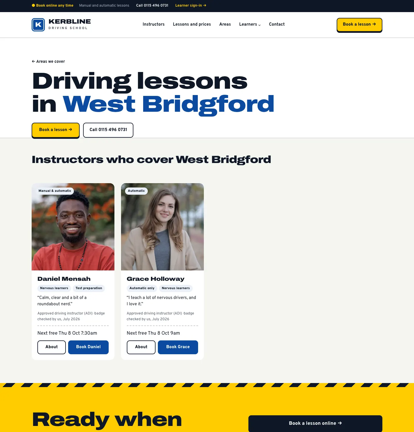 The West Bridgford area page, headed "Driving lessons in West Bridgford", with cards for Daniel Mensah and Grace Holloway showing their specialisms, badge line and next free time
