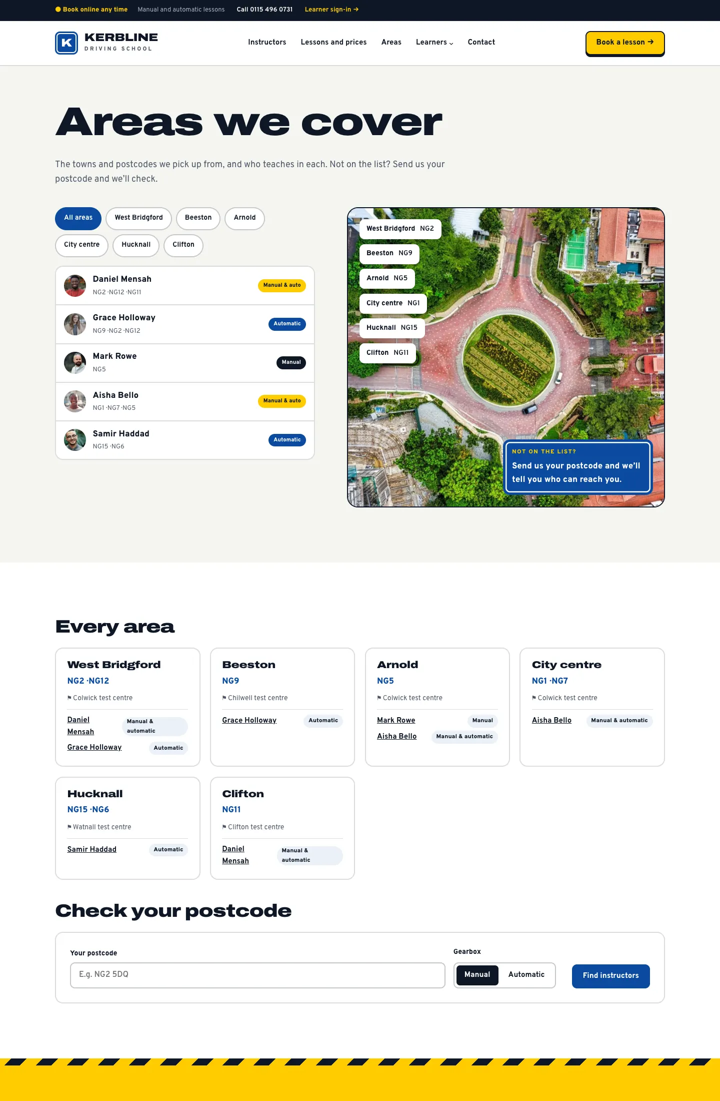 The Areas we cover page in the Signal design, with tabs for each area, the instructors and their postcode districts, and a list of every area with its test centre