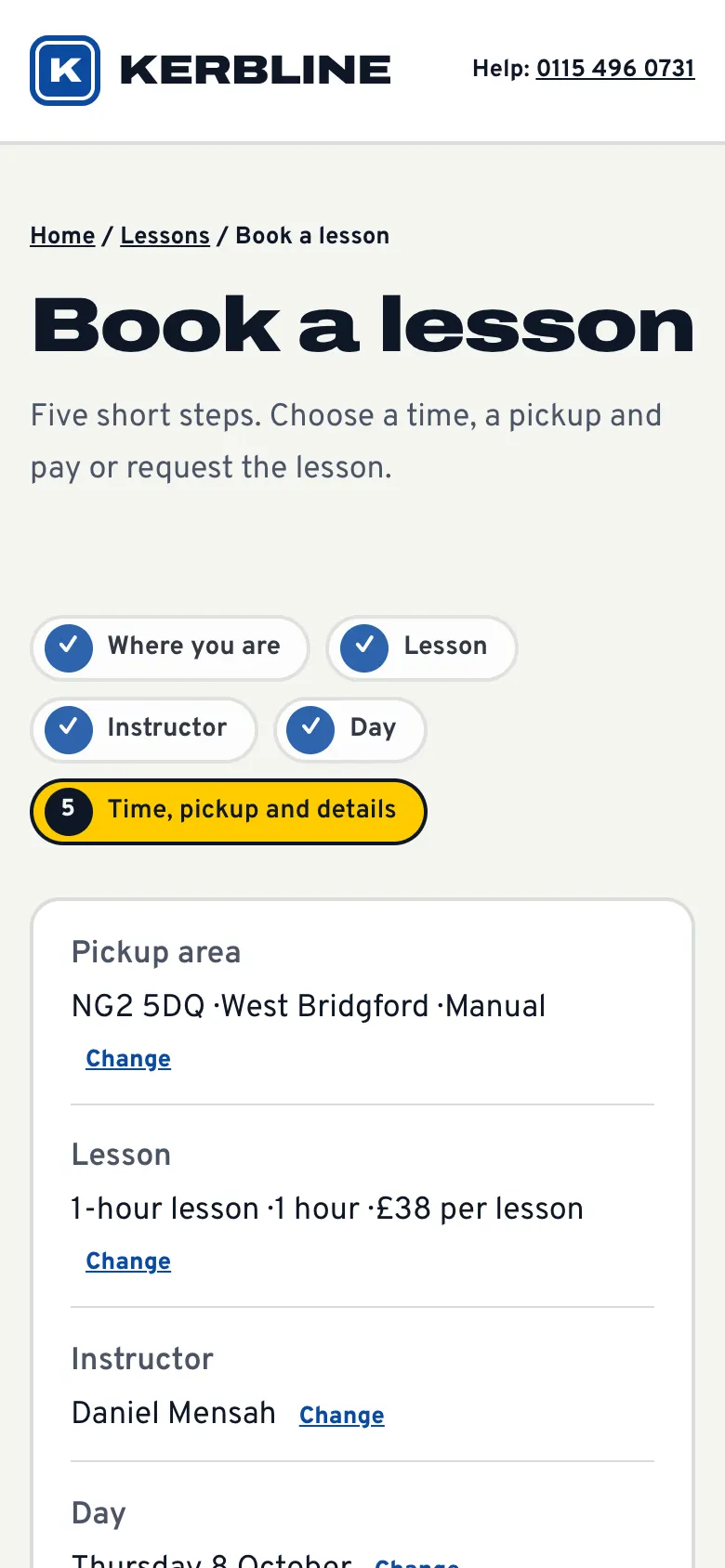 The last booking step on a phone, with the steps as small chips at the top and the start times in a grid
