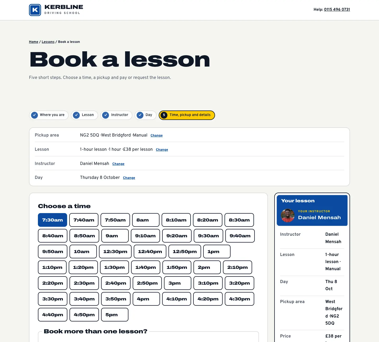 The last booking step: a grid of start times from 7:30am to 5pm, Book more than one lesson, Pickup and drop-off, and the Your lesson summary with Daniel Mensah, the 1-hour lesson, Thu 8 Oct, West Bridgford and £38 per lesson