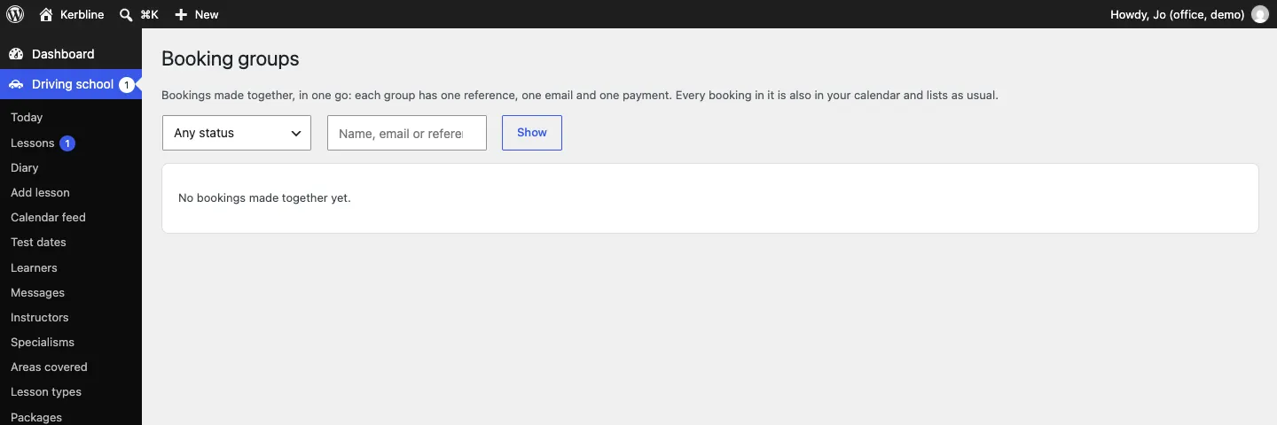 The Booking groups screen, explaining that bookings made together have one reference, one email and one payment, with a status filter and the message "No bookings made together yet."