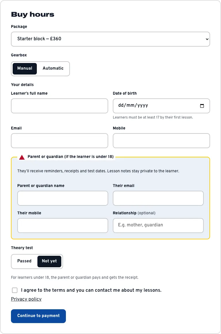 The Buy hours form, with a Package list showing Starter block at £360, a Manual or Automatic choice, the learner's details with the note "Learners must be at least 17 by their first lesson", the parent or guardian box, the theory test choice and a Continue to payment button