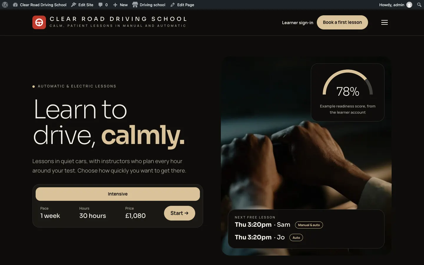 The home page previewed in a new tab in the Glide design with the Champagne palette, before saving