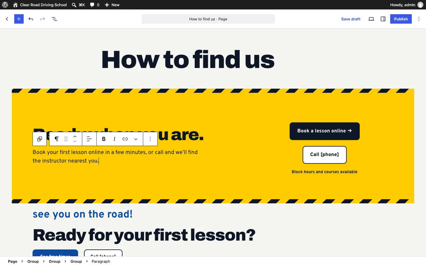 A page open in the editor with a paragraph selected: a small toolbar above it shows the paragraph, bold, italic and link buttons, and the address and contact details in the section fill themselves in from the settings