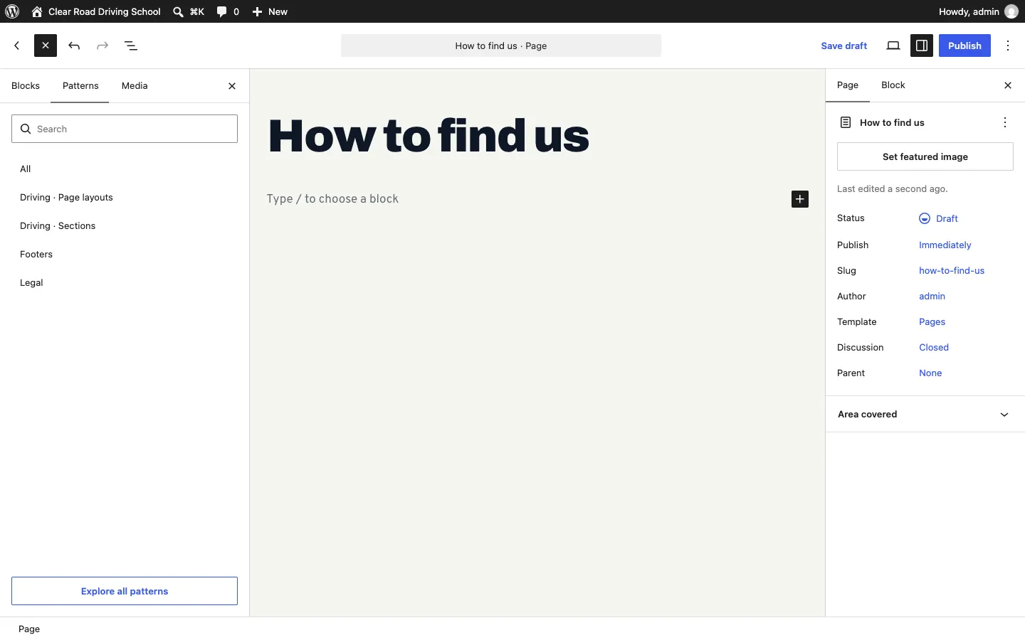 The Patterns tab listing All, Starter content, the Driving kit's own categories ending in Page layouts and Sections, Footers and Legal, with an Explore all patterns button