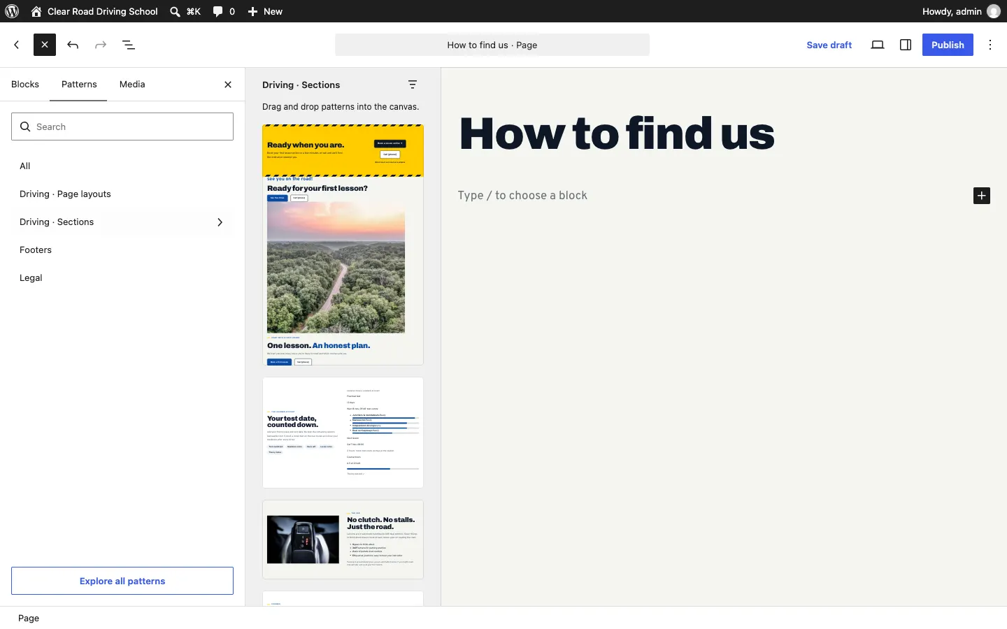 The previews of the Driving kit's Sections category on the left, with the page on the right