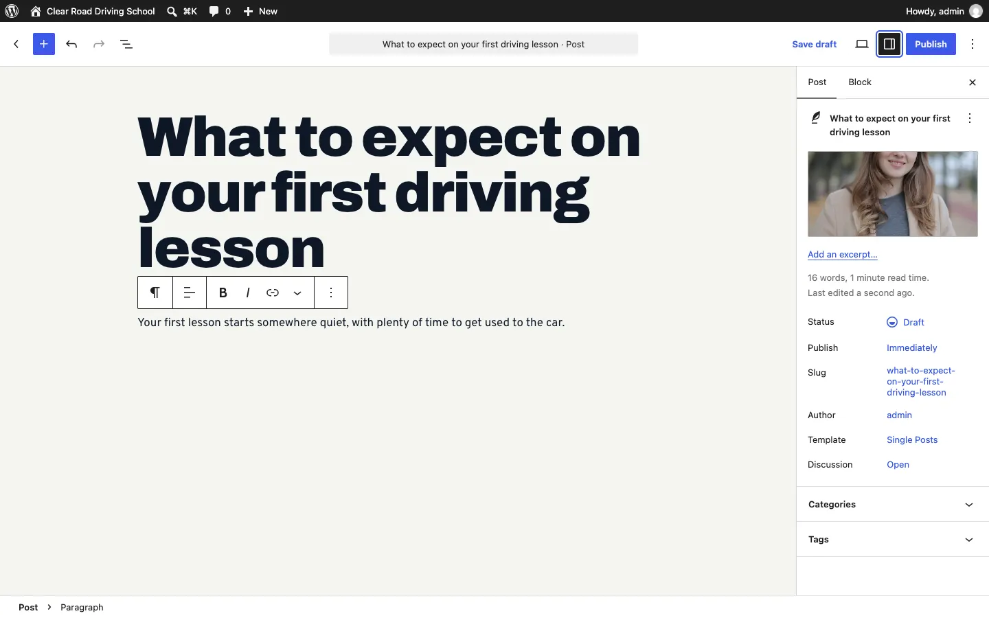 A new post with its title and first paragraph, and on the right the Post settings panel with one of the sample photos as the featured image, Add an excerpt, Status Draft, Publish Immediately, and the Categories and Tags sections