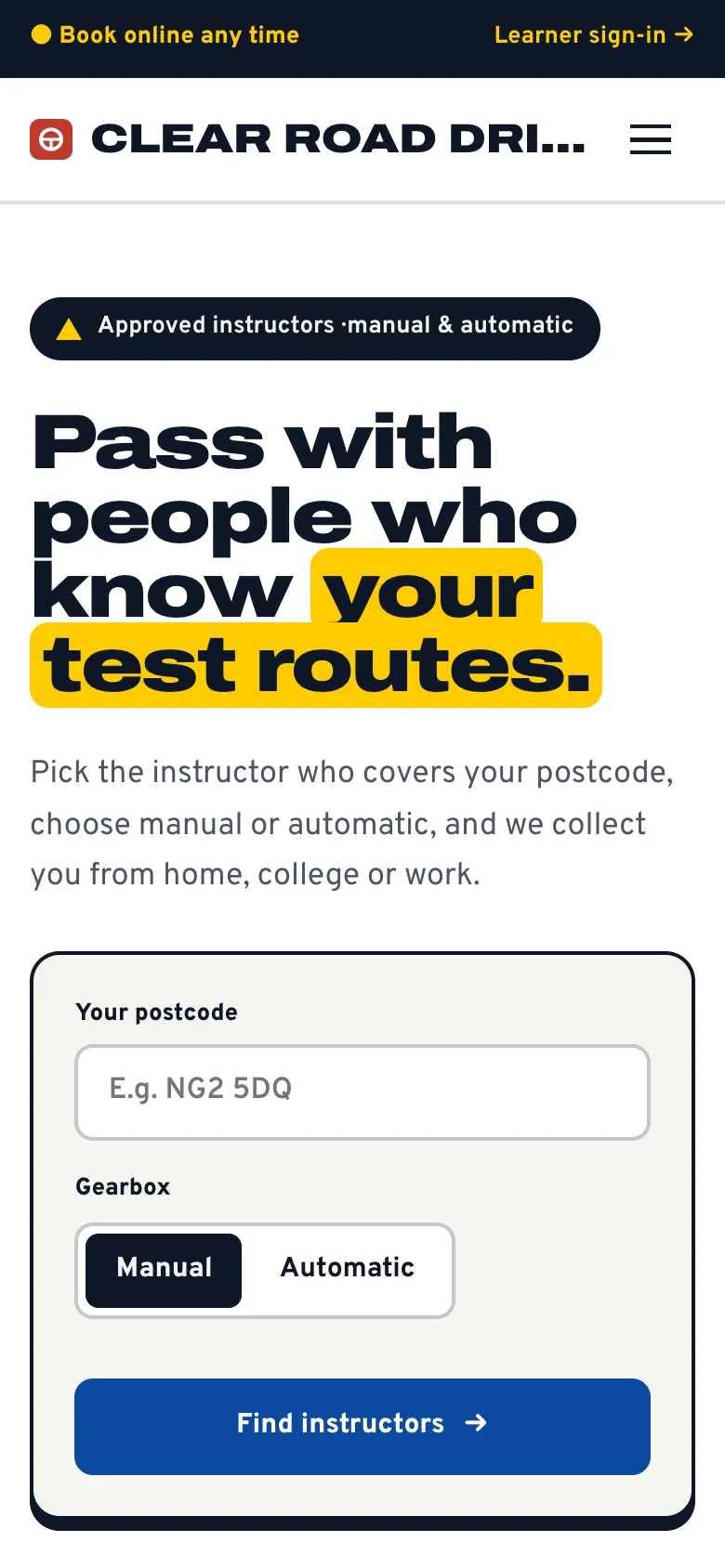 The sample Driving home page on a phone, with the logo at the top left, a menu button at the top right, and the large heading below