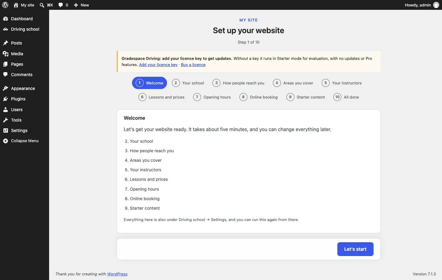 The setup wizard after the Gradespace Driving plugin is activated, now with the kit's own steps in the bar, and the yellow notice "Gradespace Driving: add your licence key to get updates" with links Add your licence key and Buy a licence