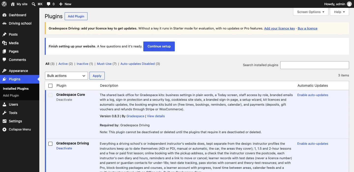The Installed Plugins list showing Gradespace Driving, "Requires: Gradespace Core", and Gradespace Core, "Required by: Gradespace Driving", both active