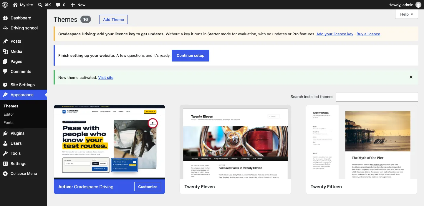 The Themes screen with "Active: Gradespace Driving", a notice "New theme activated", the blue "Finish setting up your website" notice with a Continue setup button, and the Site Settings menu on the left