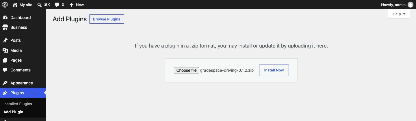 The upload box with the gradespace-driving plugin's .zip file chosen, ready to install