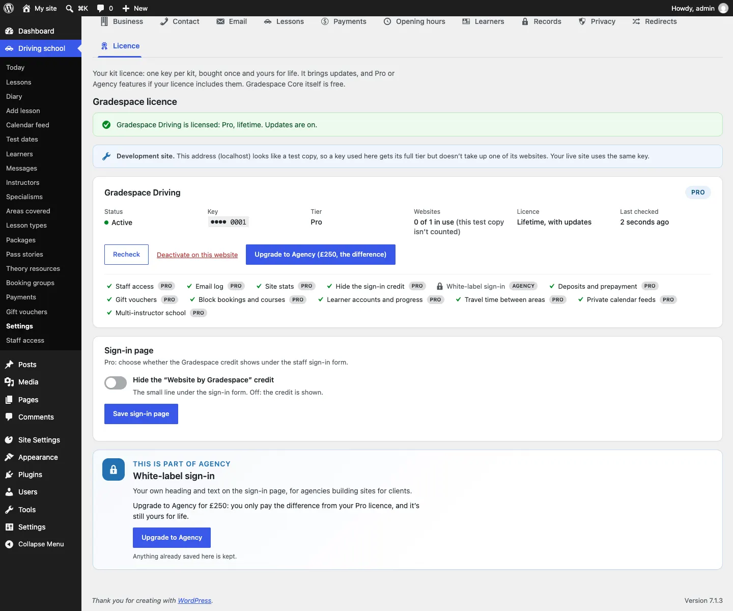The Licence tab for Gradespace Clinic showing an active Pro licence with Recheck, Deactivate on this website and Upgrade to Agency (£250, the difference) buttons