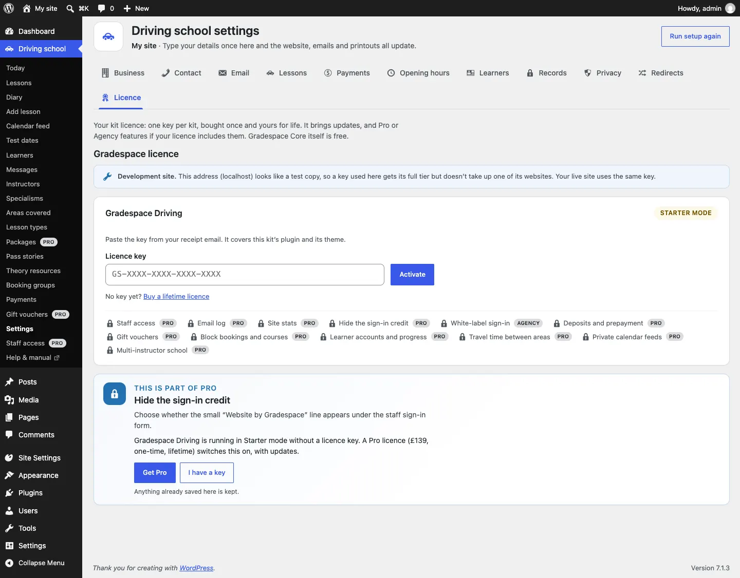 The Licence tab with the Gradespace Driving card in Starter mode: an empty Licence key box showing GS-XXXX-XXXX-XXXX-XXXX, an Activate button, the link "No key yet? Buy a lifetime licence", and a row of locked features marked Pro or Agency