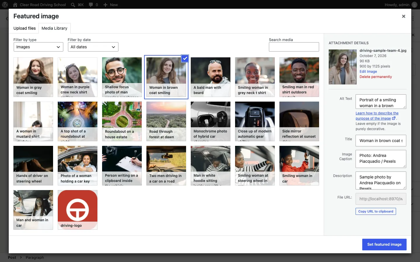 The Featured image box with the Media Library tab open, one of the sample photos selected, and the Attachment details panel on the right with its Alt Text, Title, Caption and Description boxes, and a Set featured image button