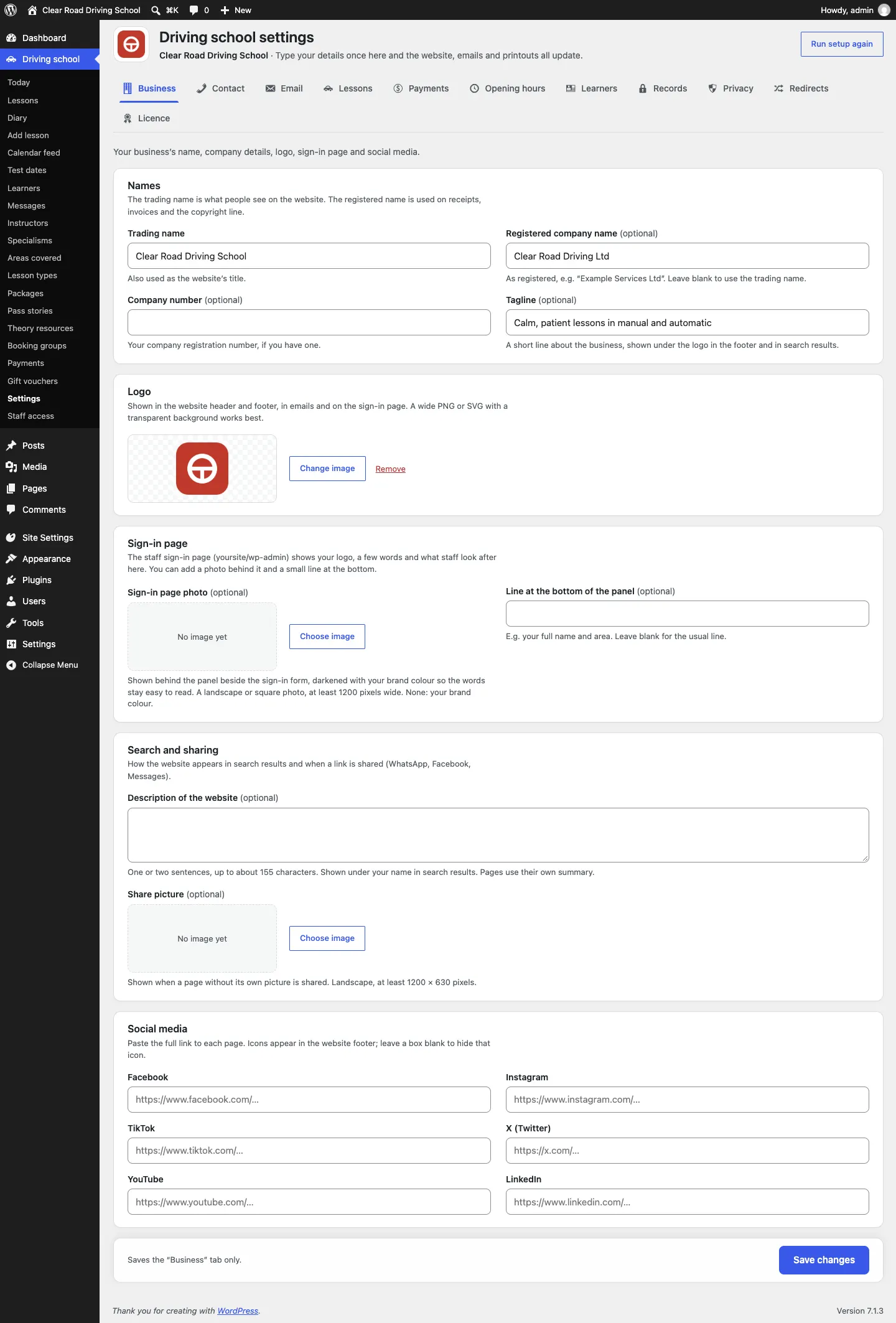 The whole Business tab: the Names card, the Logo card with the logo chosen, then the Sign-in page, Search and sharing and Social media cards, with Save changes at the bottom