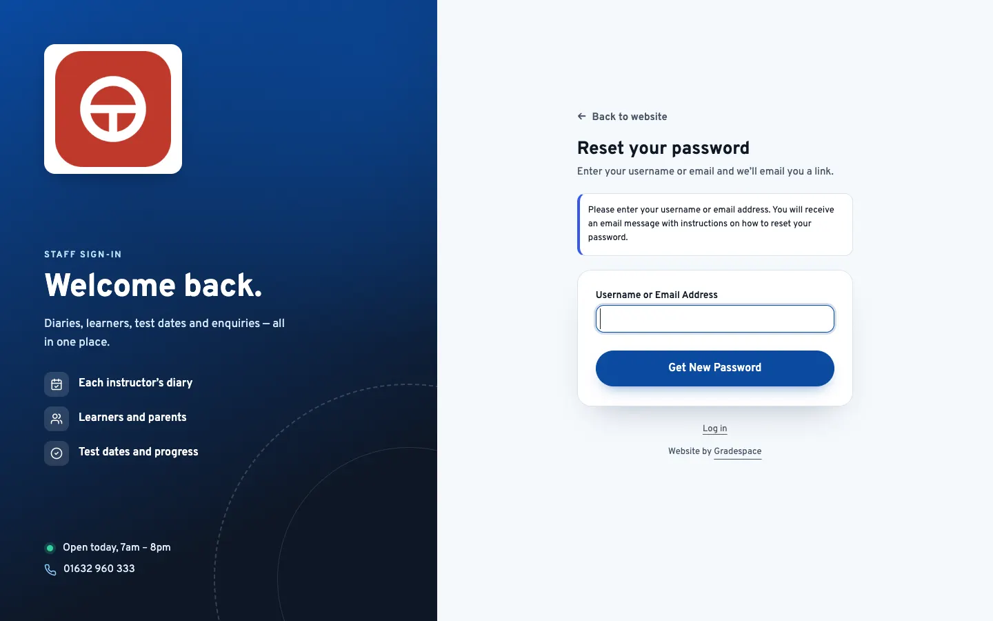 The Reset your password page: "Enter your username or email and we'll email you a link.", a Username or Email Address box, a Get New Password button and a Log in link