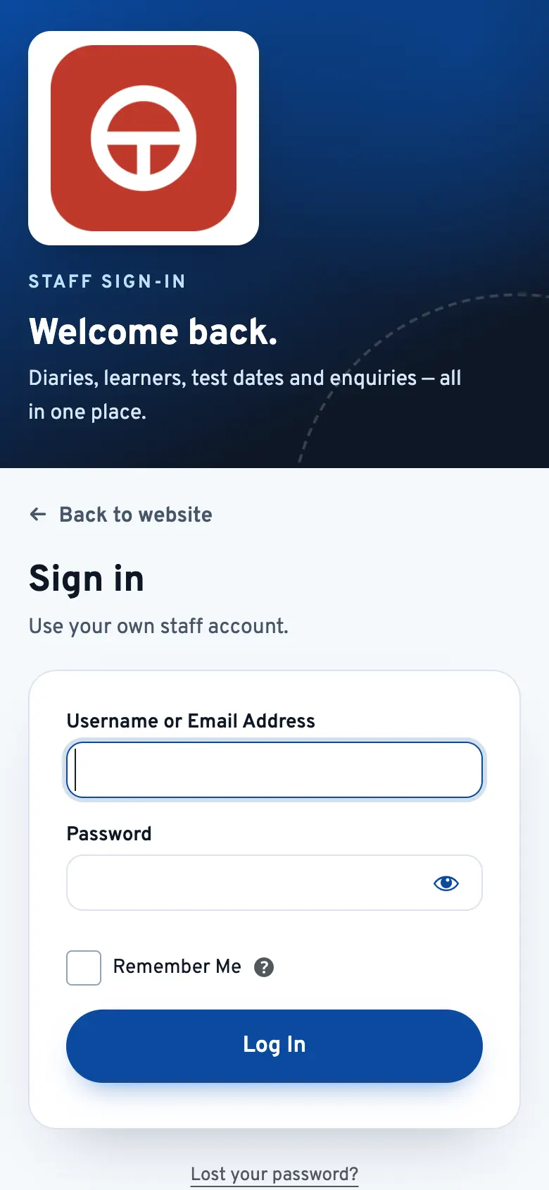 The staff sign-in page on a phone, with the logo and a short banner at the top and the sign-in form below
