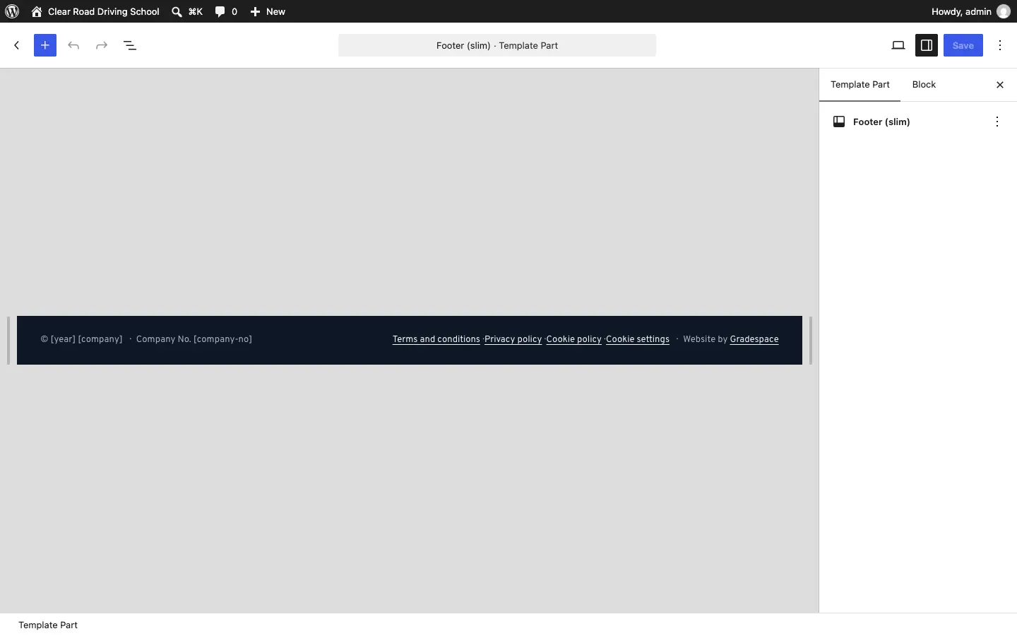 The Footer template part open in the editor, showing the logo, tagline, columns of links, the Visit us and Contact columns and the bottom line, with a Save button at the top right