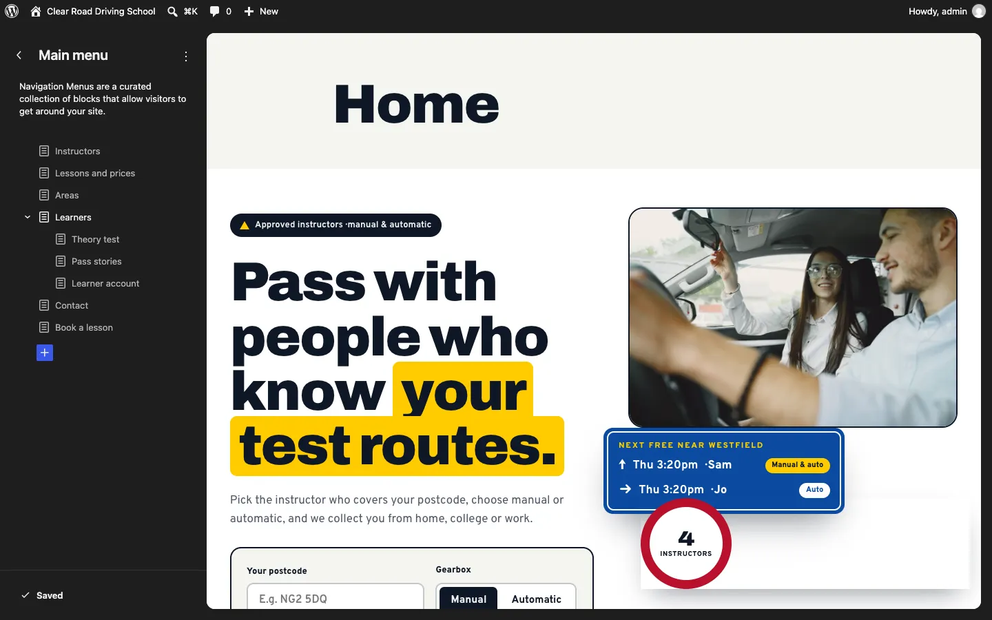 The Main menu panel in the Site Editor listing Instructors, Lessons and prices, Areas, Learners, Theory test, Pass stories, Learner account, Contact and Book a lesson, with a blue + button below to add a link, and the home page shown on the right