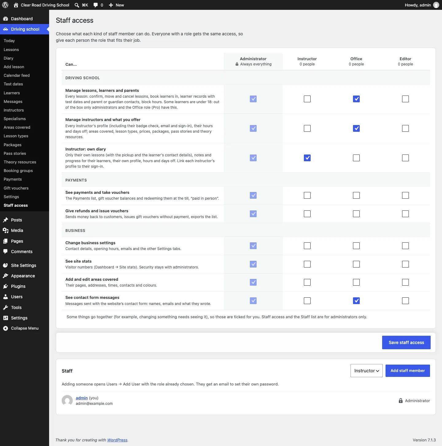 The Staff access grid for Driving, with columns Administrator (Always everything), Instructor, Office and Editor, and rows of what each role can do, grouped by area, with Save staff access below and the Staff card at the bottom