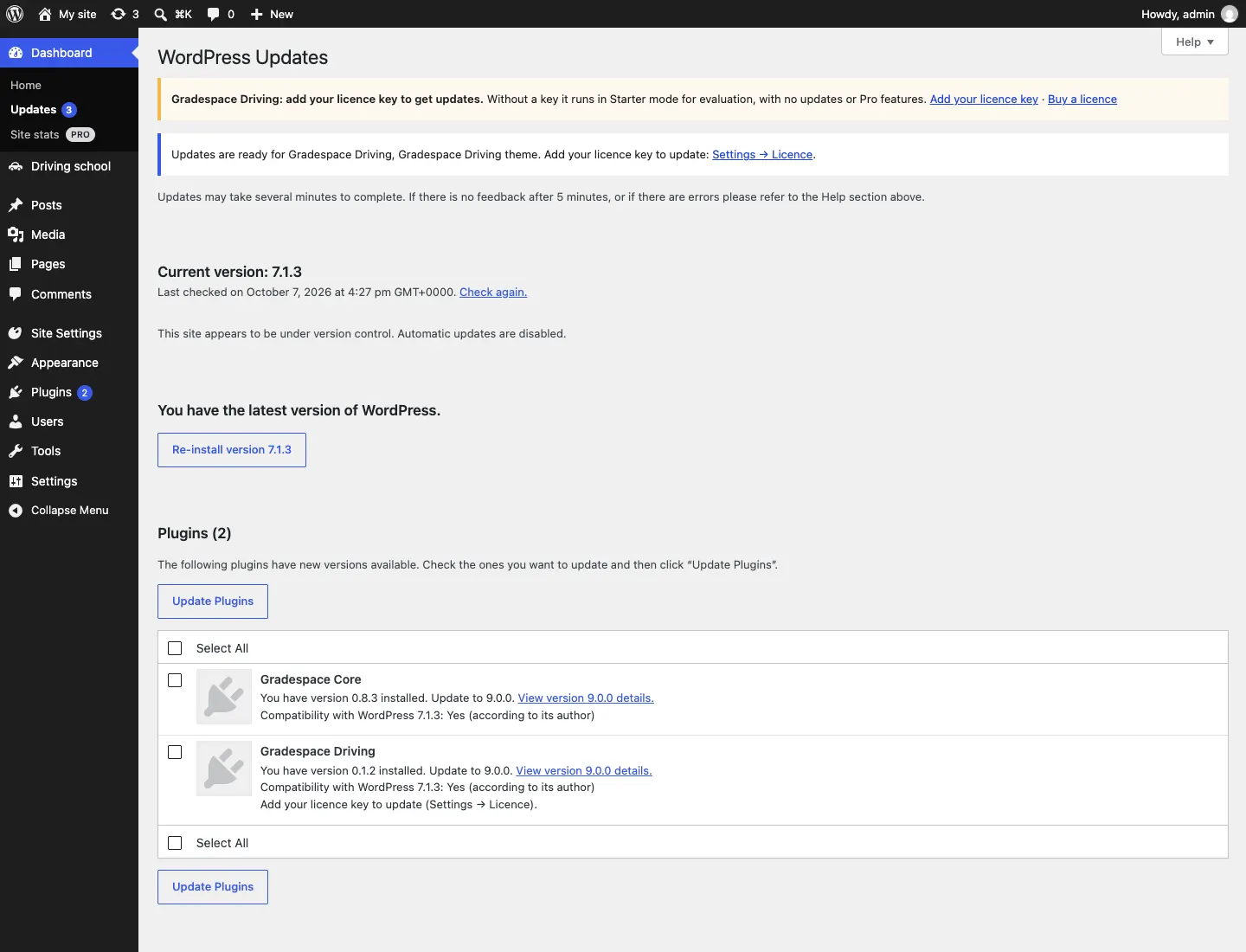 The Updates screen without a licence key, with the yellow notice "Gradespace Driving: add your licence key to get updates.", the notice "Updates are ready for Gradespace Driving, Gradespace Driving theme. Add your licence key to update: Settings → Licence." and "Add your licence key to update (Settings → Licence)." under Gradespace Driving