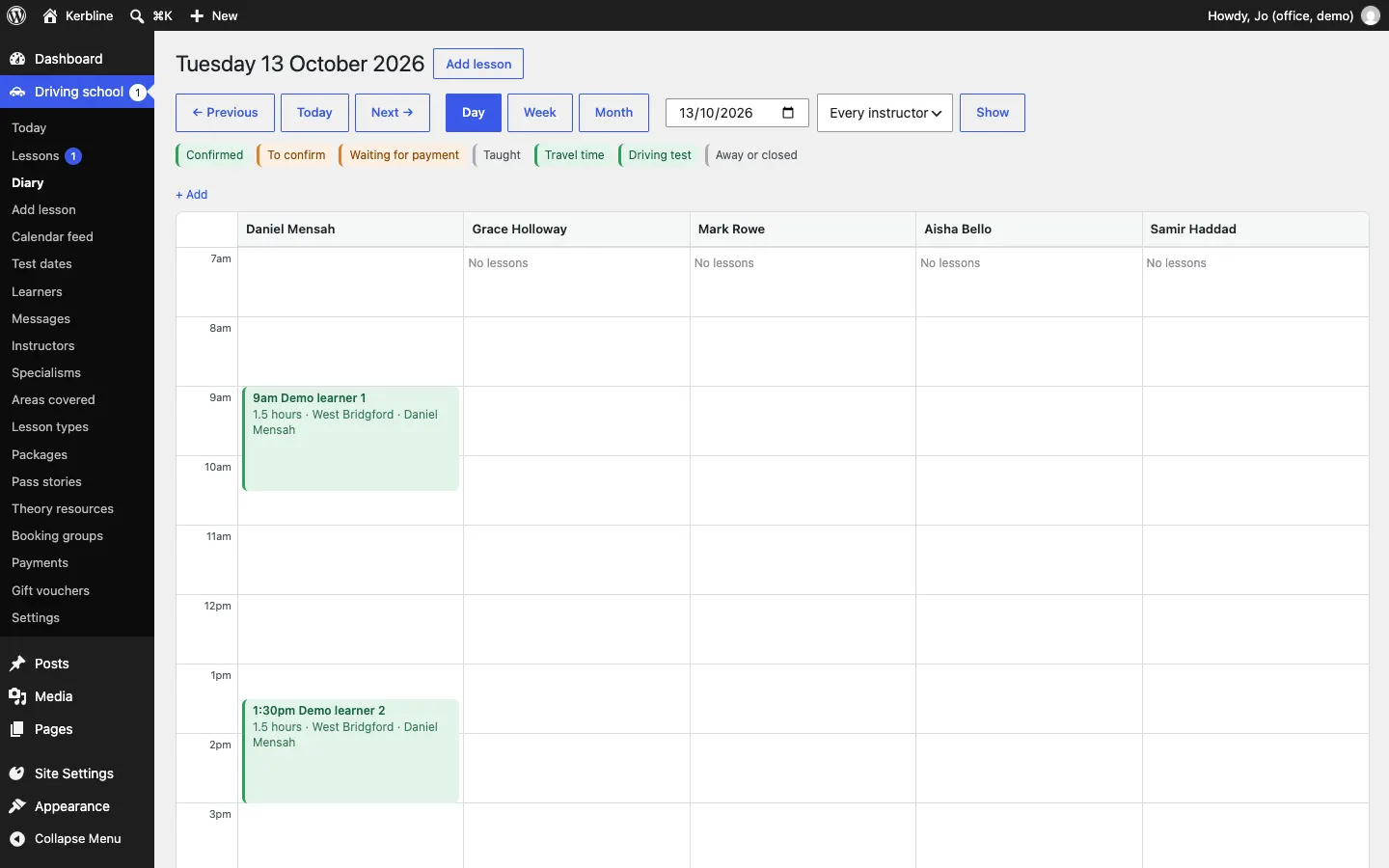 The Day view of the diary for Tuesday 13 October 2026, with a column for each of the five instructors and two lessons in Daniel Mensah's column, at 9am and 1:30pm