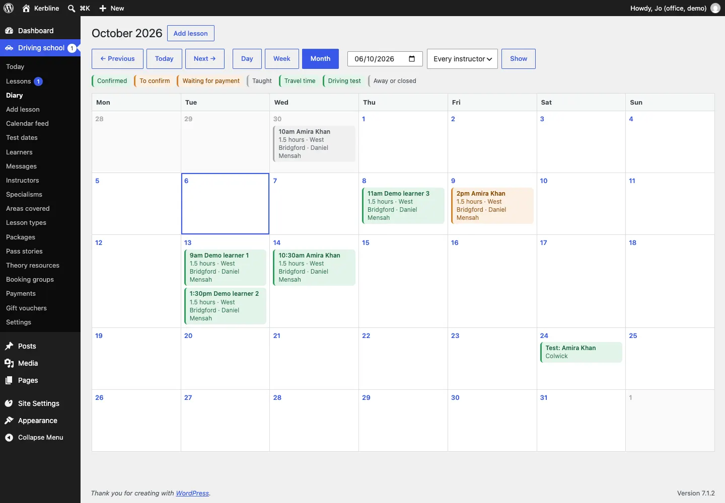 The Month view of the diary for October 2026, with lessons on the days they fall